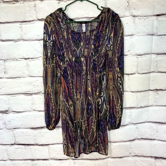 Xhilaration High Low Shear Tunic Top SZ L Empire Waist Multicolored Pattern - Picture 1 of 8